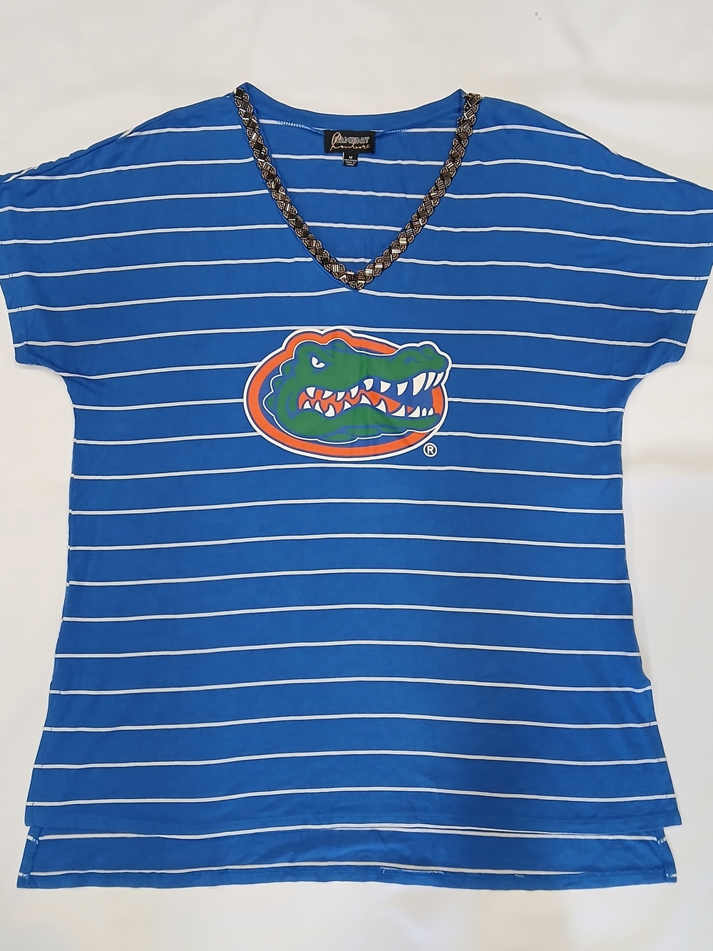 Gameday Couture Womens M Florida Gators Blue V-neck T-shirt White Striped Beaded